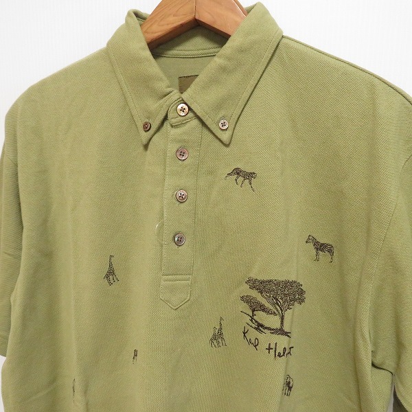 #snc カールヘルム KarlHelmut ポロシャツ L カーキ系 ボタンダウン 半袖 刺繍 ワッペン 動物 キリン シマウマ ロゴ メンズ [877057]