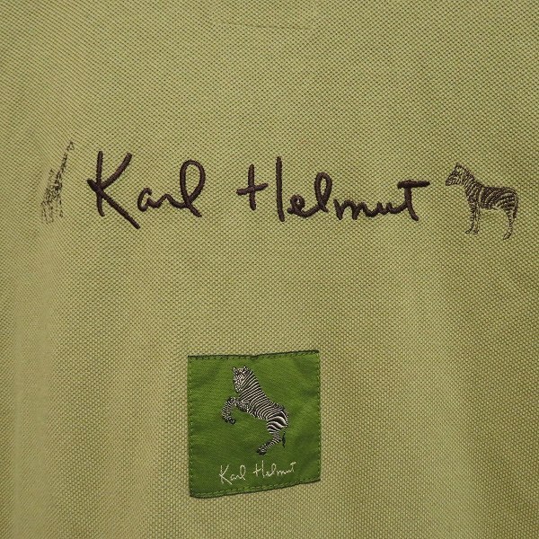 #snc カールヘルム KarlHelmut ポロシャツ L カーキ系 ボタンダウン 半袖 刺繍 ワッペン 動物 キリン シマウマ ロゴ メンズ [877057]