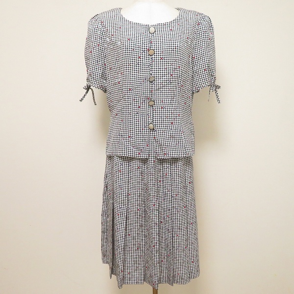 #snc 十仁プラザ JujinPlaxaCOUTURE セットアップ ツーピース 40 紺 白 千鳥格子 ドット 半袖 プリーツ レディース [915135]