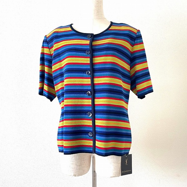 #snc イヴ?サンローラン YVES SAINT LAURENT YSL カーディガン L 青系 マルチ ヴィンテージ 半袖 ボーダー レディース [918460]