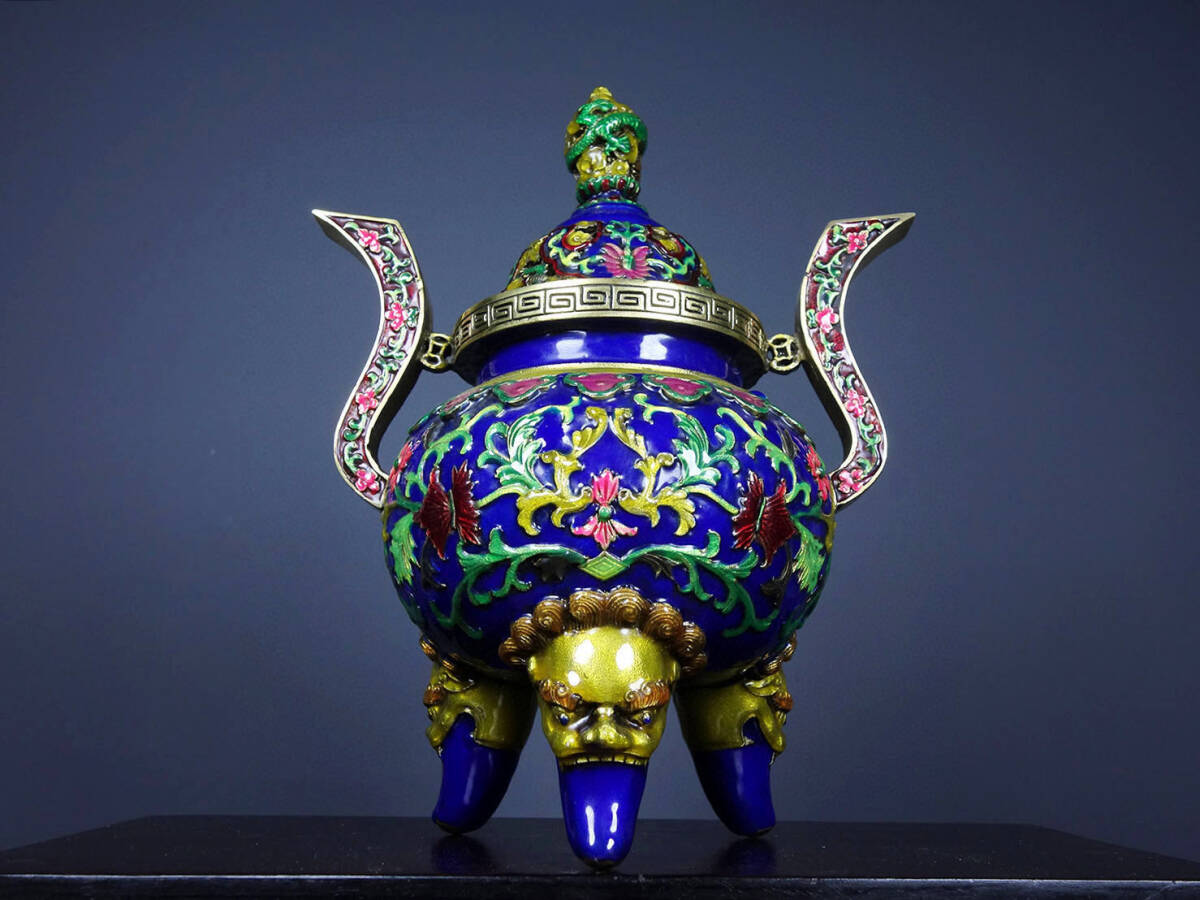 古寶奇蔵】銅製・景泰藍・琺瑯彩・雙耳・三足熏香炉・置物・賞 古寶奇蔵】銅製・景泰藍・琺瑯彩・雙耳・三足熏香炉・置物・賞