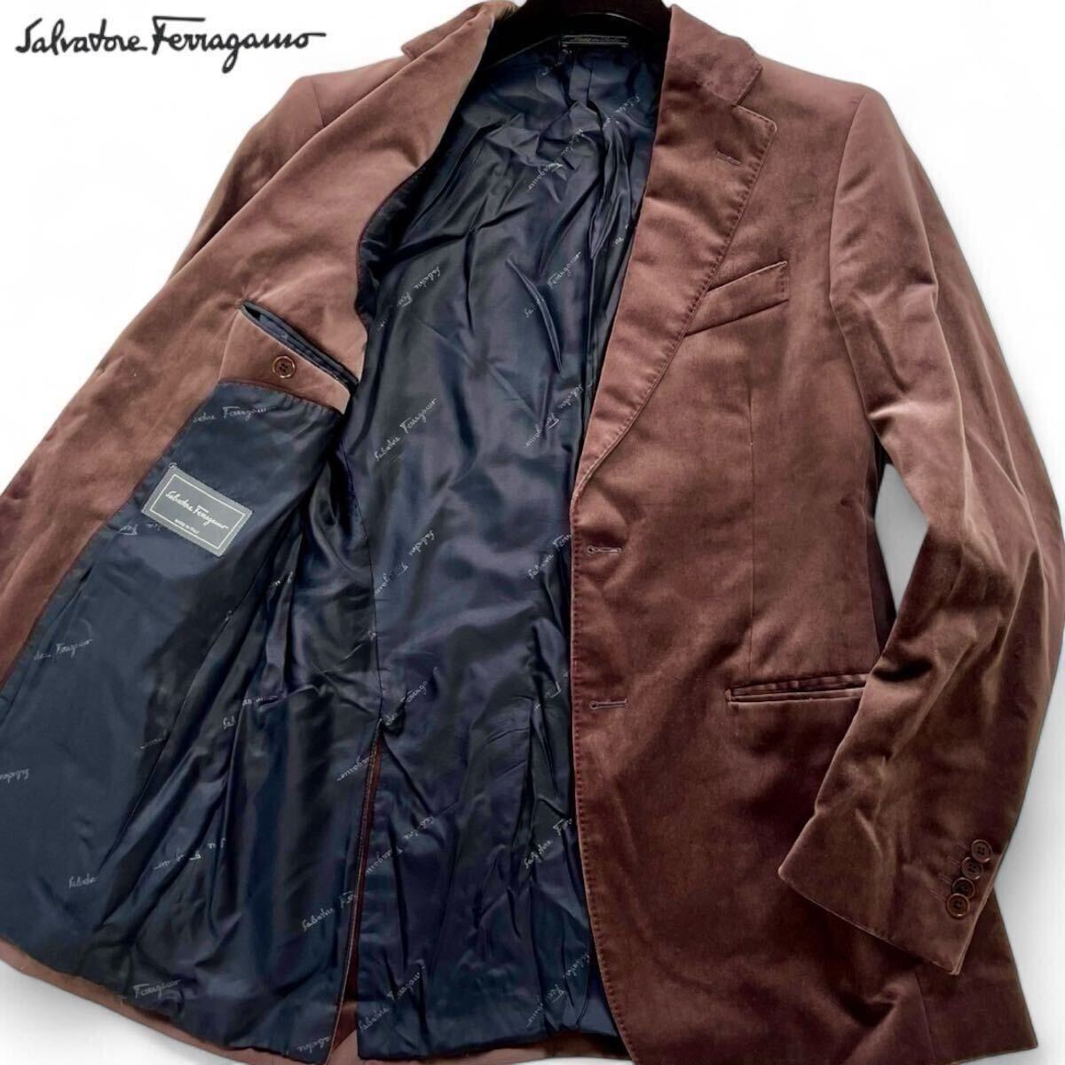 美品/XL相当●Salvatore Ferragamo フェラガモ メンズ ベロア テーラードジャケット ブレザー 2B ベルベット 裏地ロゴ総柄 ブラウン 茶 50