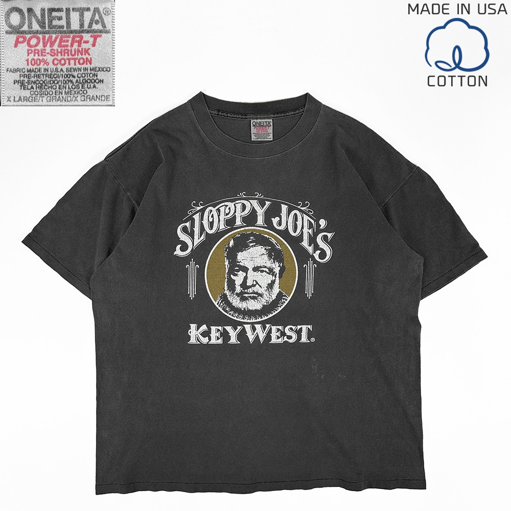 90s ビンテージ ONEITA 銀タグ ヘミングウェイ 半袖 Tシャツ XL 黒 墨黒 フェード ブラック ERNEST HEMINGWAY MADE IN USA製 コットン 偉人_画像1
