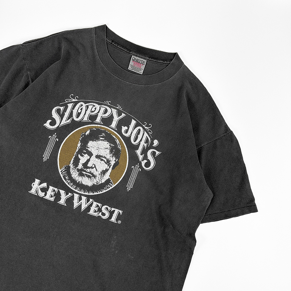 90s ビンテージ ONEITA 銀タグ ヘミングウェイ 半袖 Tシャツ XL 黒 墨黒 フェード ブラック ERNEST HEMINGWAY MADE IN USA製 コットン 偉人_画像5