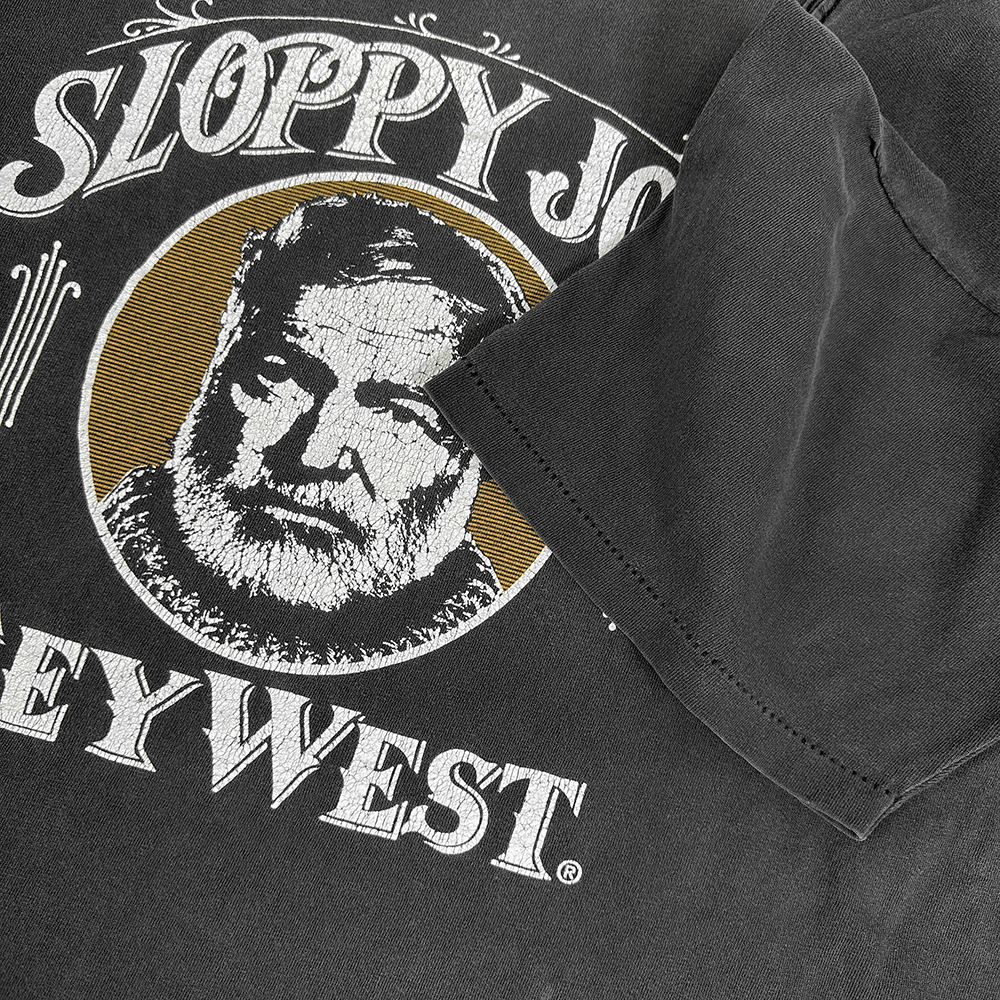 90s ビンテージ ONEITA 銀タグ ヘミングウェイ 半袖 Tシャツ XL 黒 墨黒 フェード ブラック ERNEST HEMINGWAY MADE IN USA製 コットン 偉人_画像7