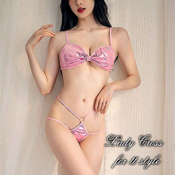 セクシーランジェリー セット ブラジャー ブラ ショーツ ドット柄 シルバーラメ Tバック 超過激 下著 レディース インナー ピンク