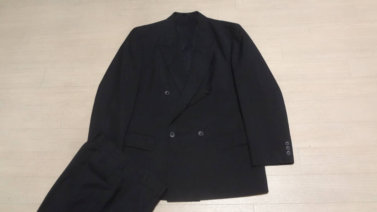 美品175cmW72-84cm A6☆アジャスター付★LAORNE★ダブルフォーマルスーツ黒/ブラック冠婚葬祭礼服喪服結婚葬式儀お通夜法事★背抜き