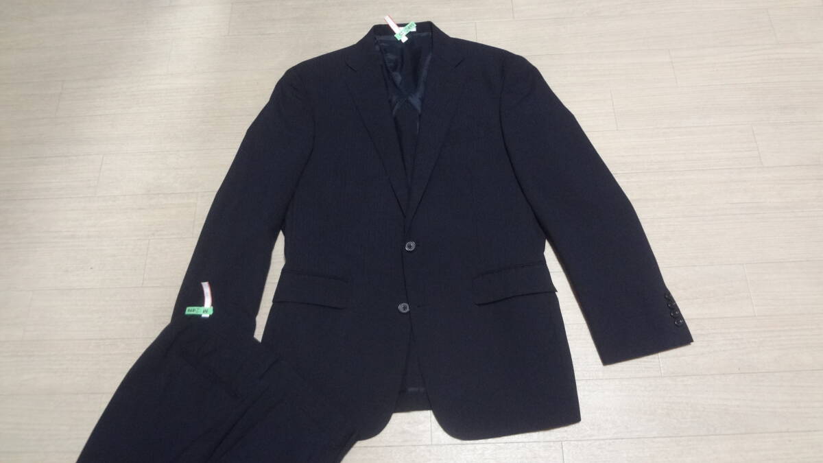 美品175cmW88cm AB6★SUIT SELECT★美シルエット2Bスーツセレクト/濃紺グレー織りストライプ★背抜き★シングル２釦★ビジネス