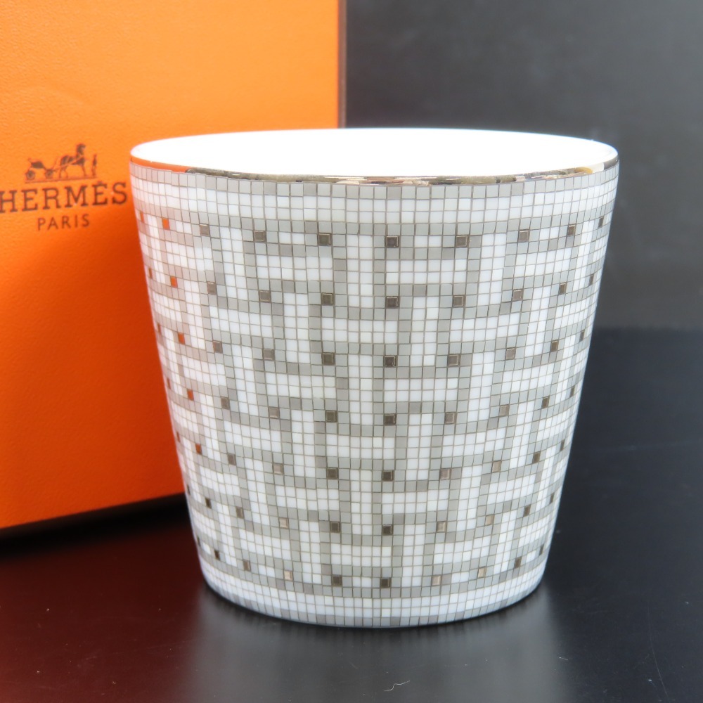 100208HERMES エルメス 未使用 モザイク ヴァンキャト カップ コップ インテリア グラス 陶器 プラチナ ユニセックス