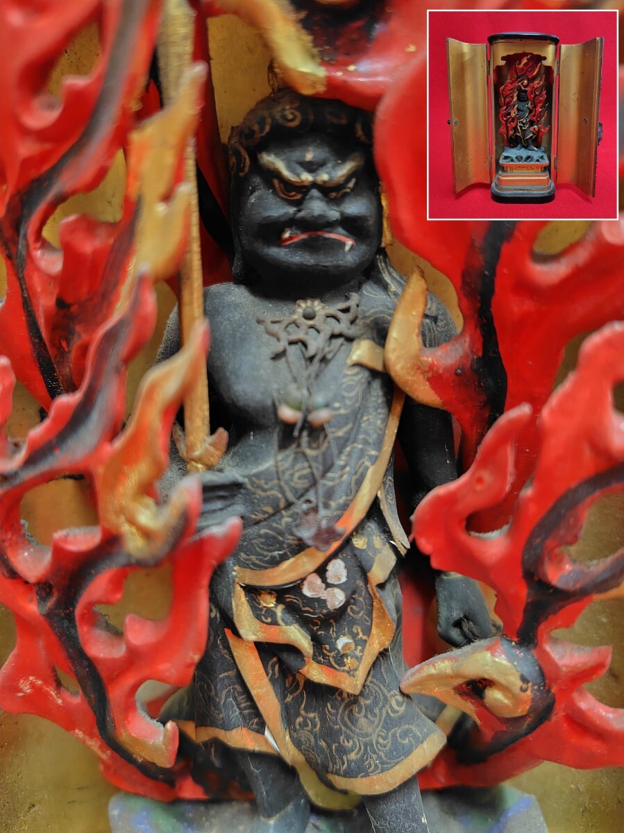 瑞】仏教美術 木彫 細工不動明王立像 厨子入|美術品 瑞】仏教美術 木彫 細工不動明王立像 厨子入|美術品