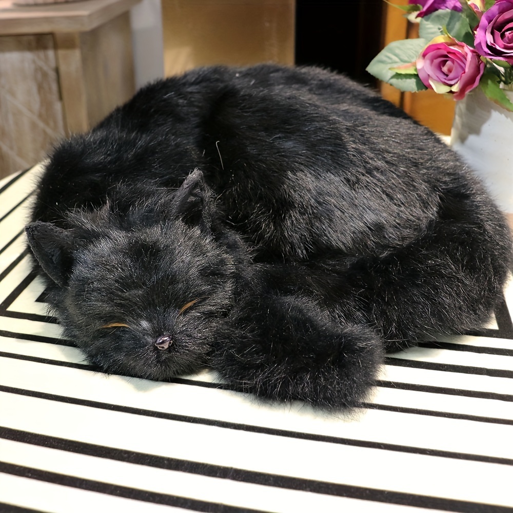 リアル 眠る 黒猫 置物 かわいい 31cm 大きい ブラック フェイクファー ねこ ミニチュア インテリア 庭 フィギュア ネコ t3601