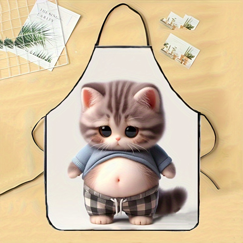 エプロン 首掛け 太ったネコ 子猫 おしゃれ 男女兼用 80cm かわいい 動物柄 アニマル柄 おもしろ 前掛け 薄手 ぽっこりお腹 ねこ t3702