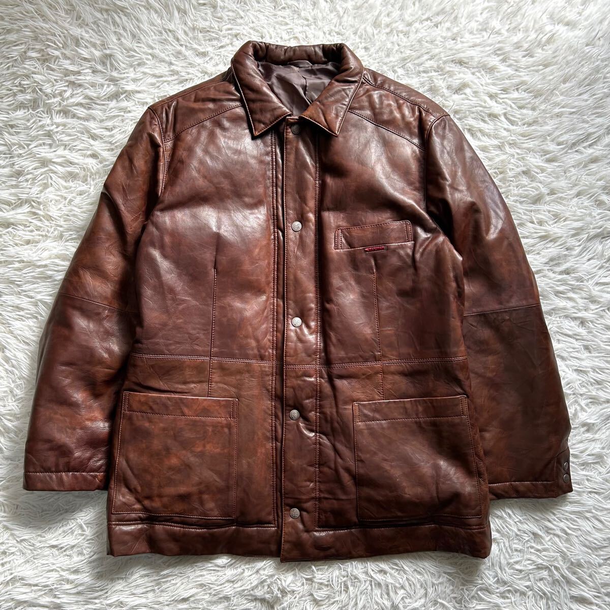 XL LL[ regular price approximately 40 ten thousand ]Papas Papas turn-down collar leather down jacket ram leather sheep leather original leather sheepskin tea Brown men's feather 