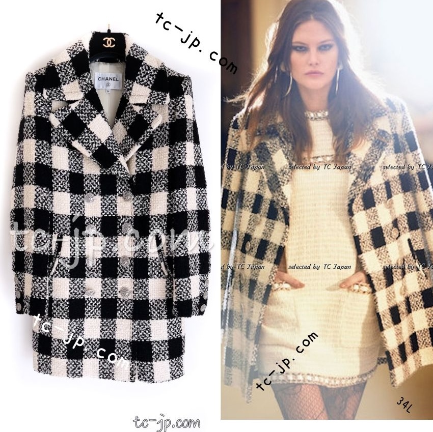 シャネル コート CHANEL アイボリー ブラック ウール シルク チェック ツイード 最高品質(zhì) フェレル著用 キャンペーン広告掲載 超美品 38 40