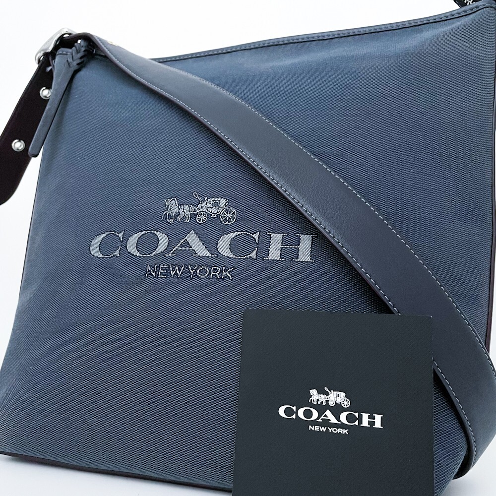 1円■売り切り■COACH コーチ デニム キャンバス ロゴドン 馬車 ショルダーバッグ ボディ ビジネス メンズ レディース レザー ブルー