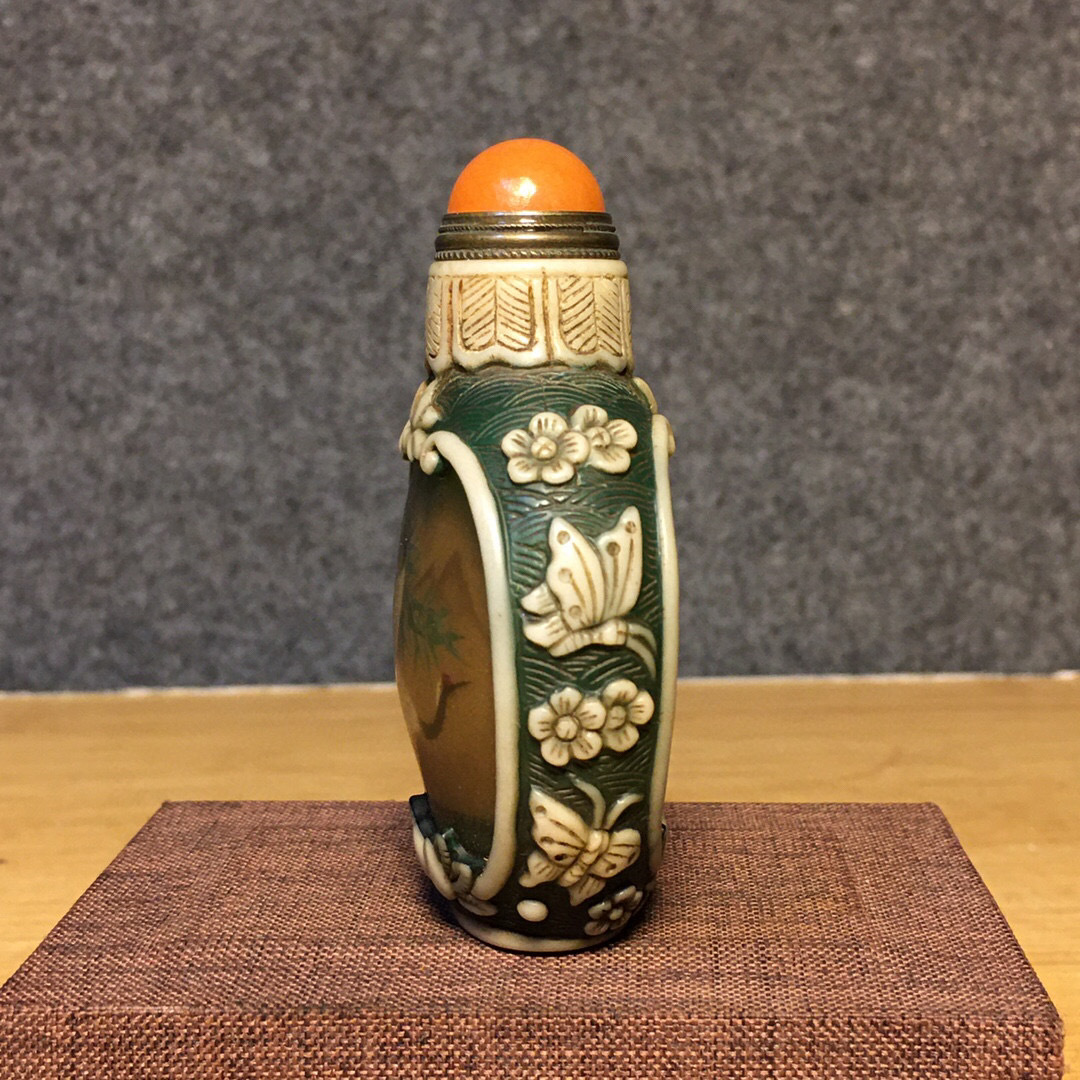 ▽鴻▽ 琉璃製 細密彫 仙鶴紋 鼻煙壺 置物 古賞物 中国古玩 中国 ▽鴻▽ 琉璃製 細密彫 仙鶴紋 鼻煙壺 置物 古賞物 中国古玩 中国