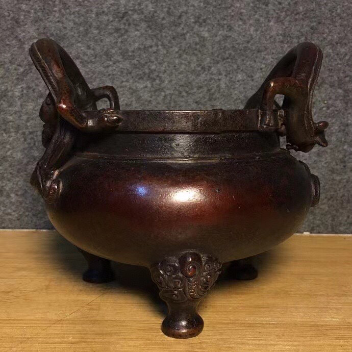 三獣足香炉【R6-E01】 ▽鴻▽ 銅製 雙獣耳 三足熏香炉 置物 古賞物 中国