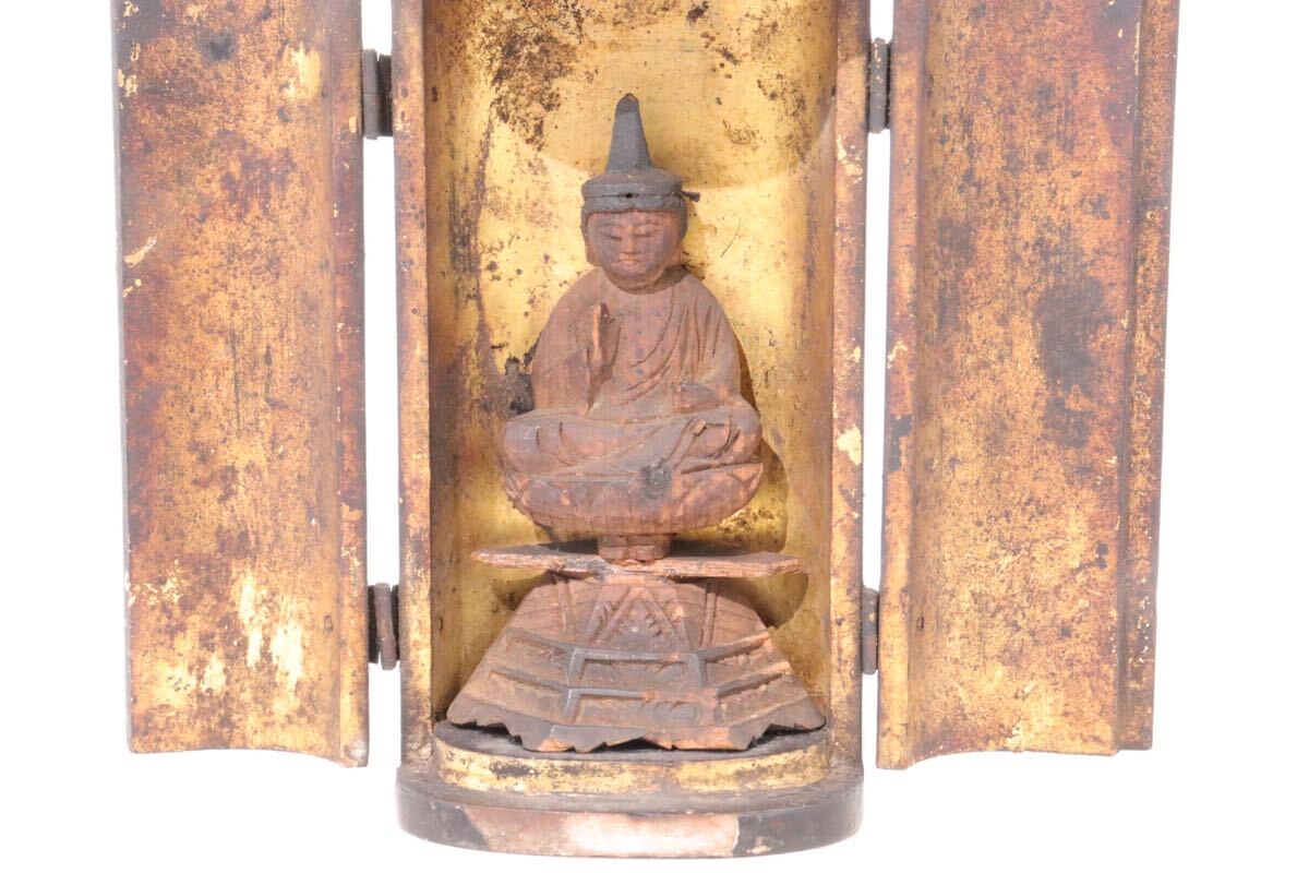 時代　豆仏　厨子付　木造　阿弥陀如来像　仏高約6ｃｍ　/　仏教美術　仏像　木製　厨子仏　古美術　密教　.4195