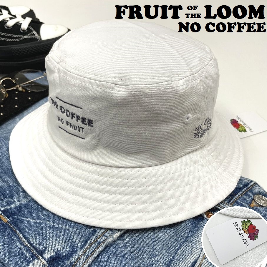NO COFFEE×FRUIT OF THE LOOM ホワイト バケットハット キャンプゴルフ帽子グレーロゴ刺繍コットン生地 フルーツオブザルームノーコーヒー
