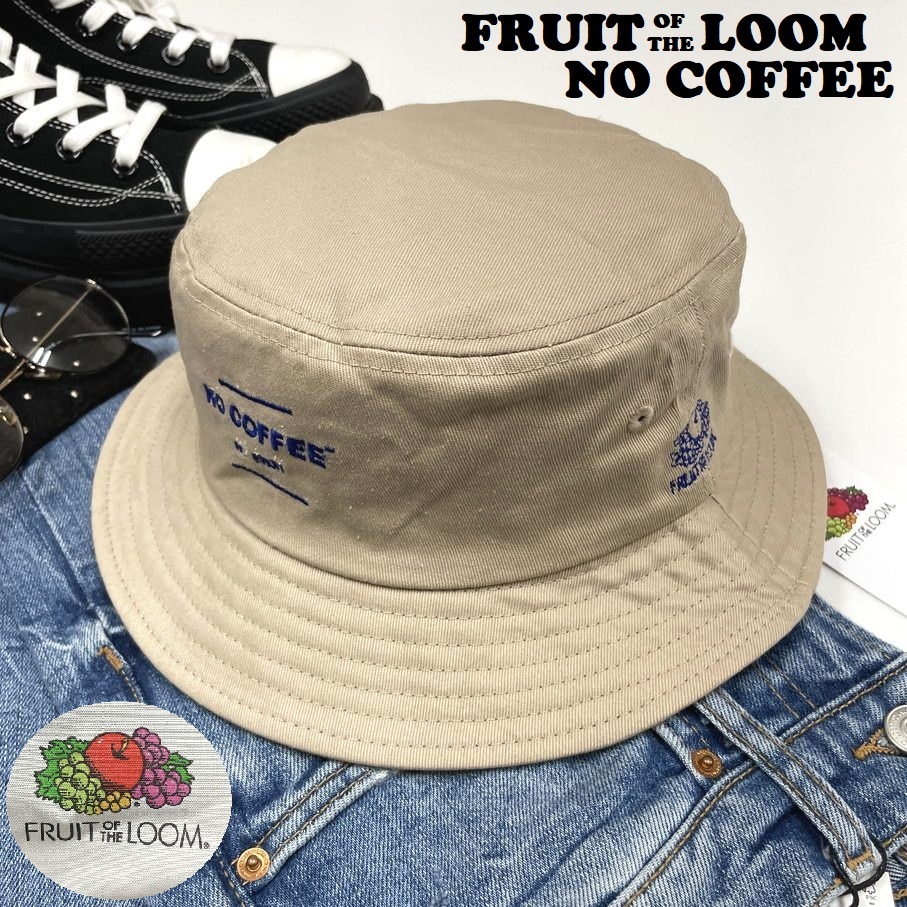 NO COFFEE×FRUIT OF THE LOOM ベージュ バケットハット ゴルフバイク 帽子ブルーロゴ刺繍 コットン生地 フルーツオブザルームノーコーヒー