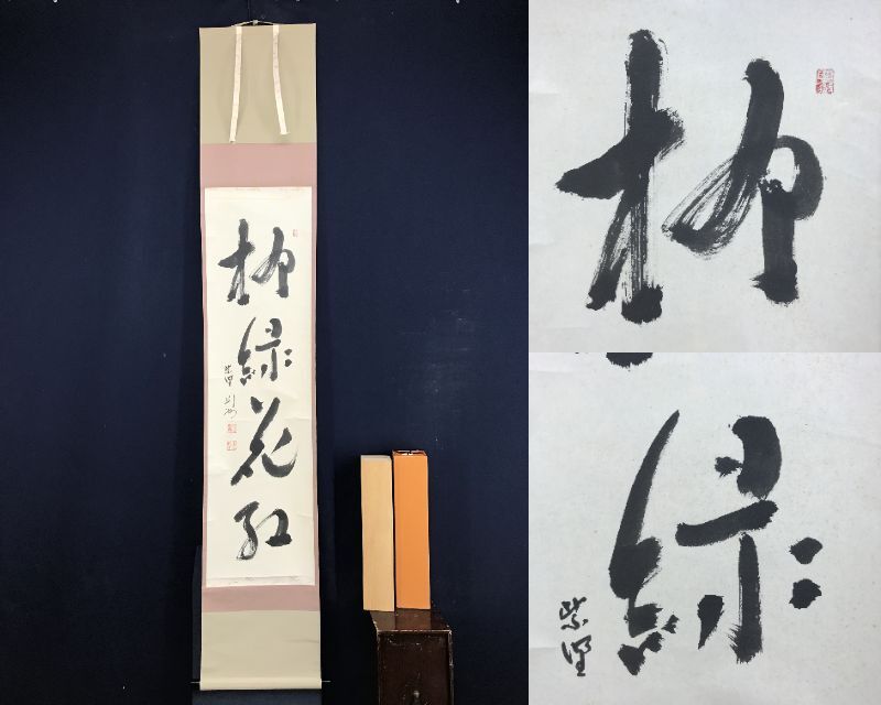 真作/大徳寺塔頭芳春院住職/秋吉則州/一行書/柳茶花紅/ 真作/大徳寺塔頭芳春院住職/秋吉則州/一行書/柳茶花紅/