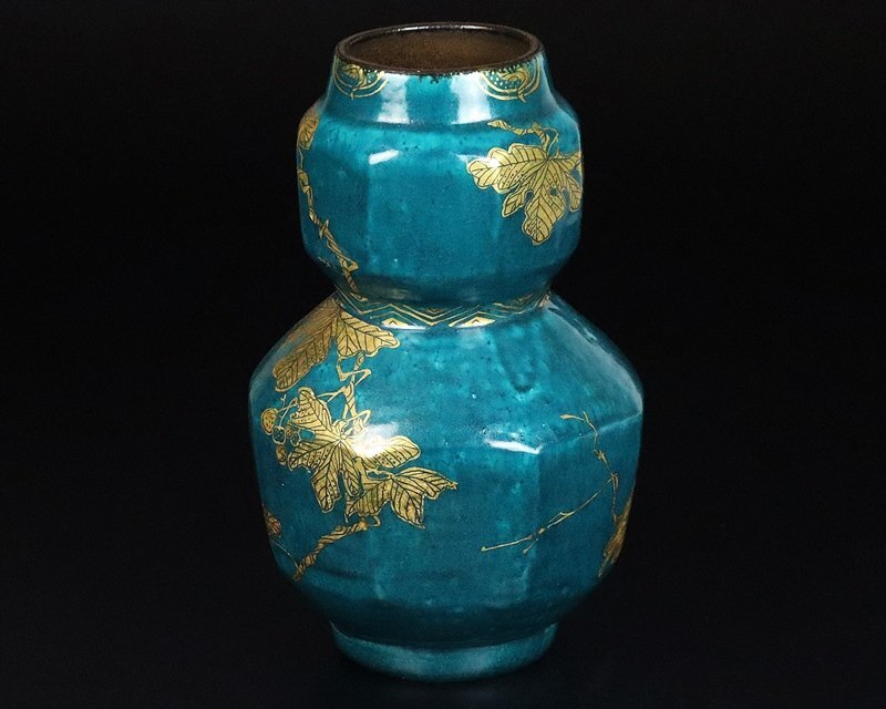 藤本能道 】秀逸作 緑釉金彩小禽図花瓶 師 富本憲吉 人間国宝