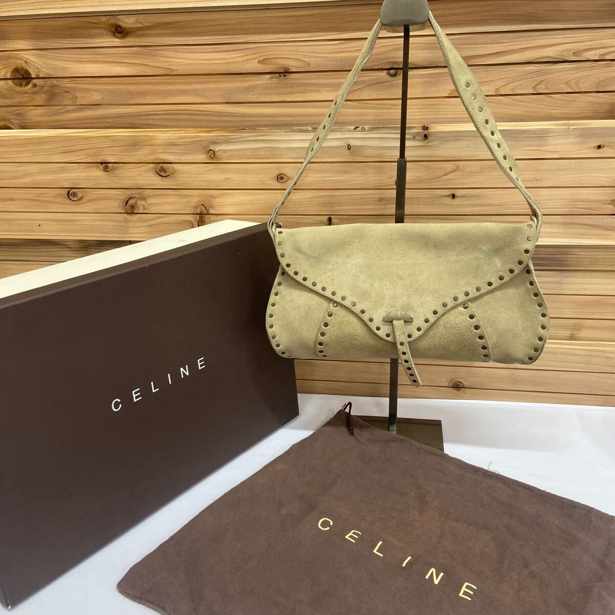 9 CELINE セリーヌ ハンドバッグ トートバッグ アクセサリーポーチ スタッズ ビジュー ラゲージ スエード スウェード アイボリー