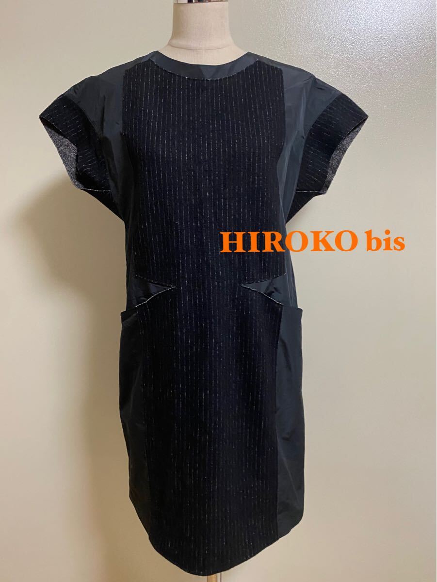 HIROKO bis 黒 ストライプ 異素材　半袖ワンピース チュニック ワンピース