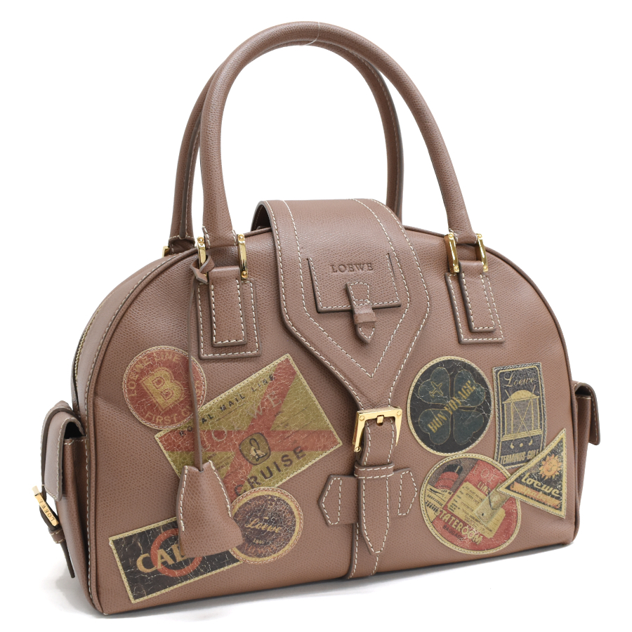 新品同様 ロエベ トラベラー パッチ ボーリング ボストンバッグハンドバッグ レザー ダークピンク LOEWE_画像1