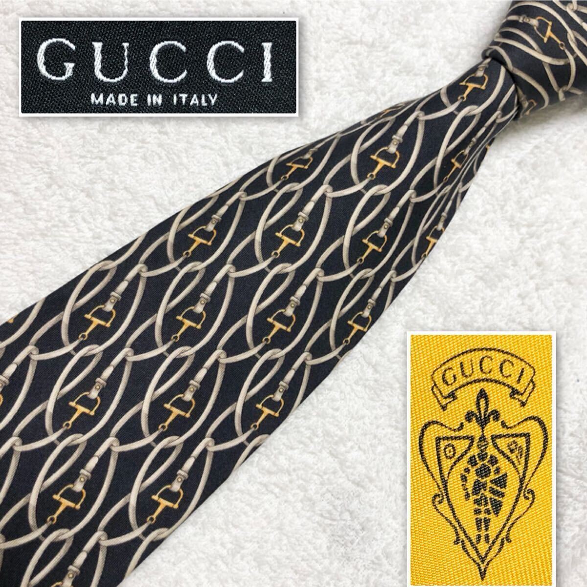 GUCCI グッチ　ネクタイ　ベルト　あぶみ風(fēng)金具　総柄　シルク100% イタリア制　ブラック　ビジネス