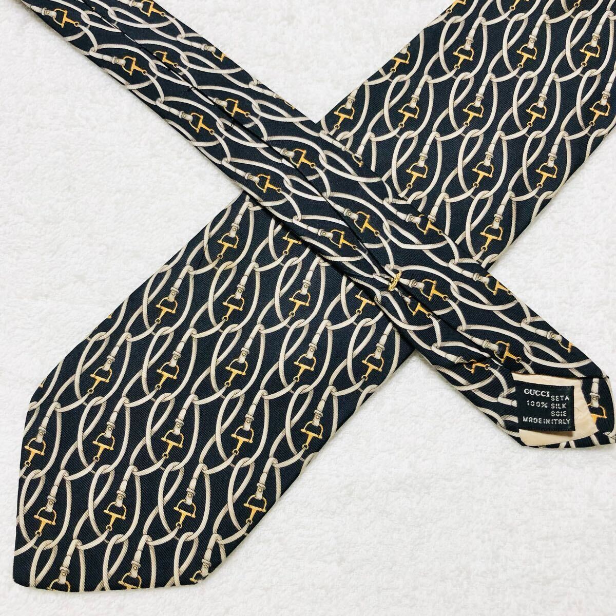美品 GUCCI グッチ ネクタイ チェーン 紐 総柄 シルク100