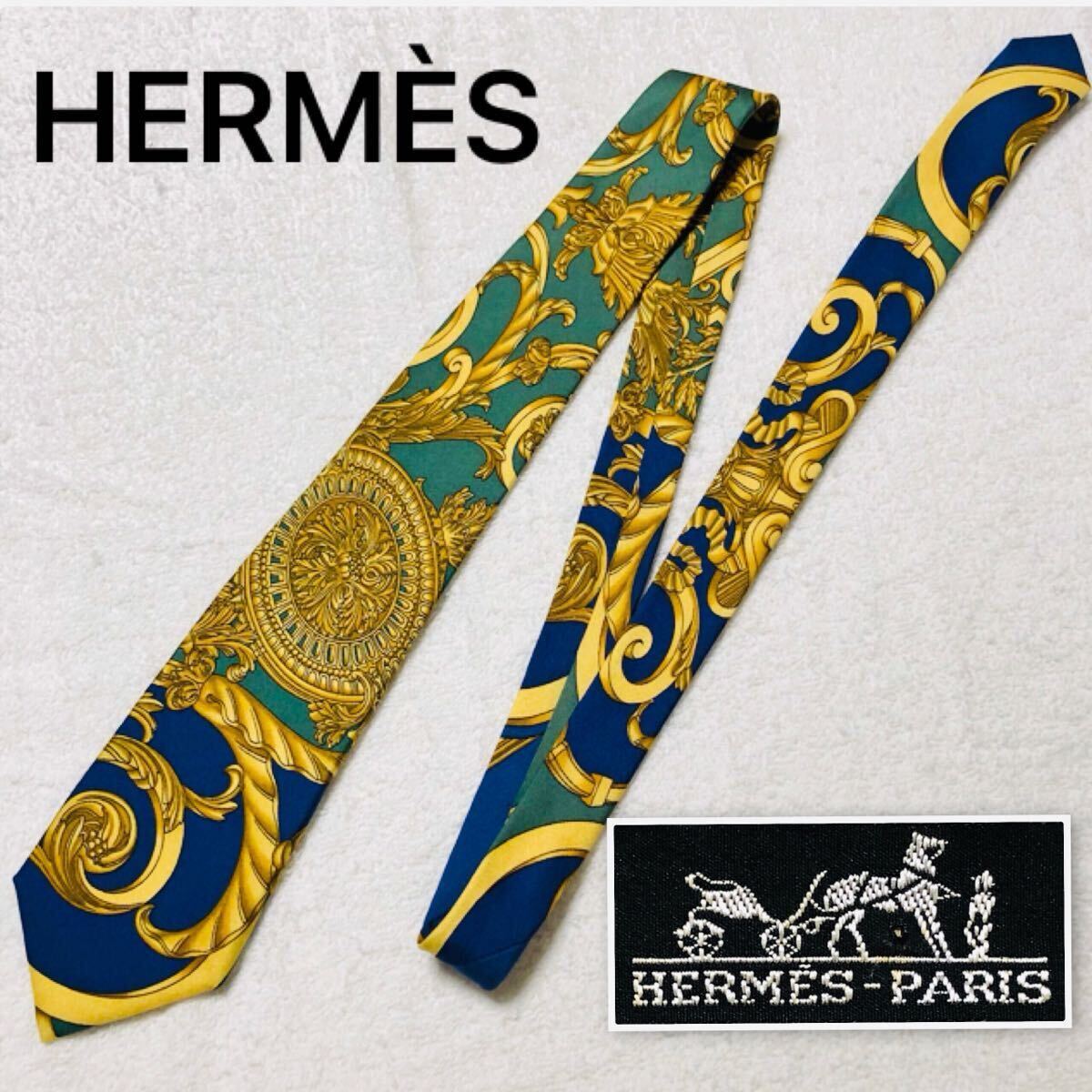 美品 希少デザイン HERMES エルメス ネクタイ スカーフ柄 黄金 美品 希少デザイン HERMES エルメス ネクタイ スカーフ柄 黄金