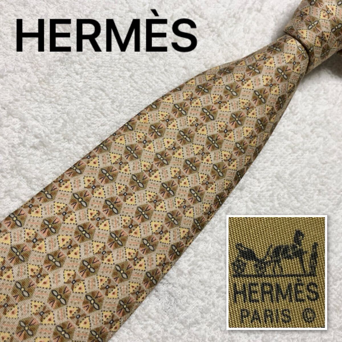 【美品】 HERMES エルメス ネクタイ 美品 HERMES エルメス ネクタイ サークル 菱形 総柄 シルク100
