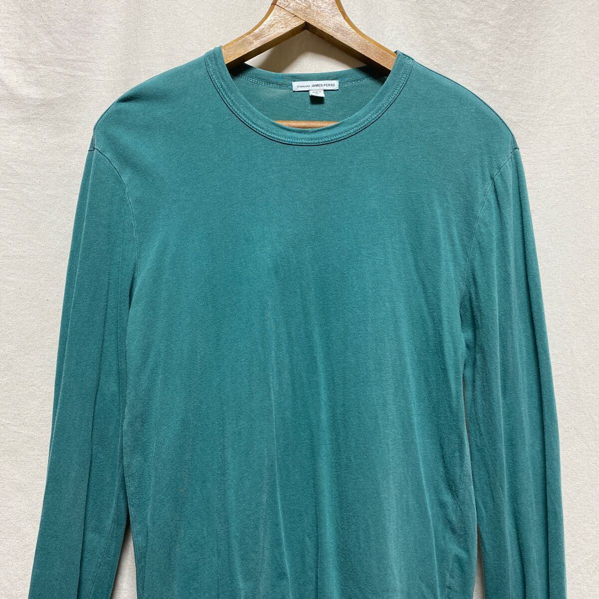 アメリカ製　ジェームスパース　クルーネック Tシャツ　グリーン　製品染め　オーバーダイ　長袖Tシャツ　コットン　ロンT James Perse