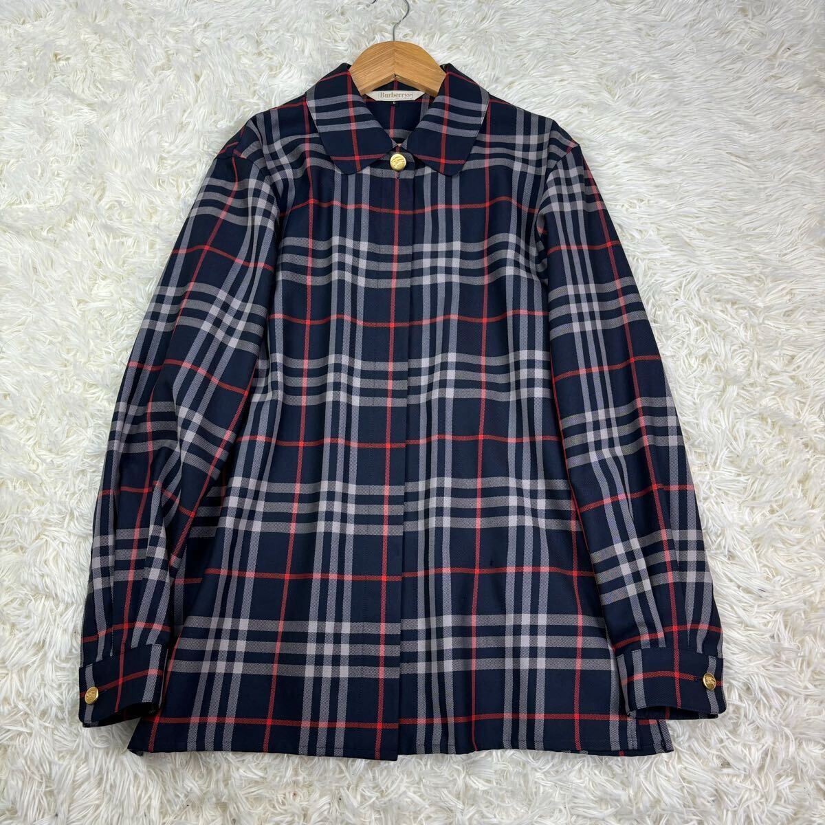 BURBERRY ノバチェック ホースロゴ 金ボタン 長袖 チェック シャツ トップス レディース 9号 M〜Lサイズ ヴィンテージ ネイビー 紺色