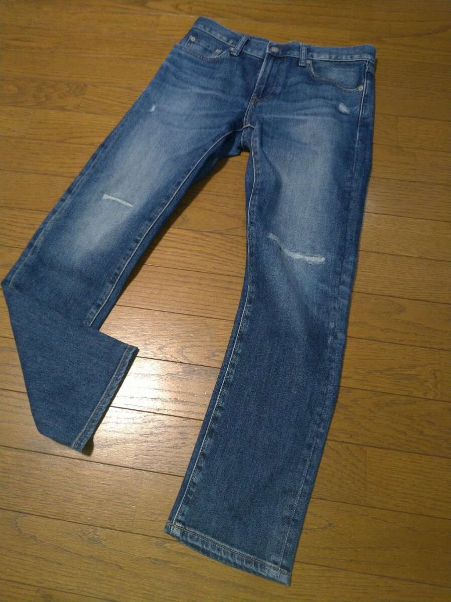 ユニクロ★UNIQLO★カイハラデニム USEDリペア加工 デニムパンツ ジーンズ　 ストレッチ インディゴ メンズ　サイズ28 スリム/ストレート