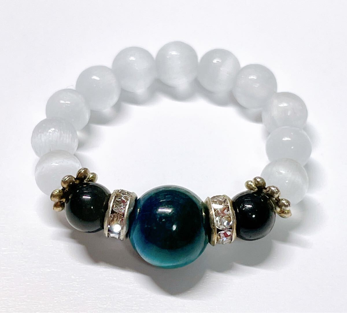 指輪　天然石リング　ブルータイガーアイ ホワイトキャッツアイ　オブシディアン　パワーストーン アクセサリー　ハンドメイド_画像3