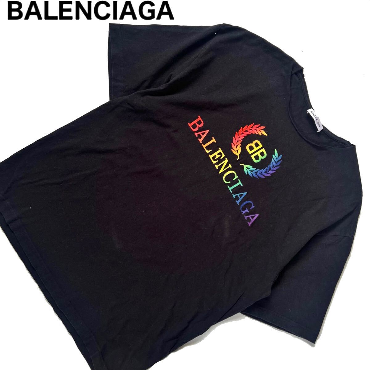 BALENCIAGA バレンシアガ ロゴ刺繍 Tシャツ メンズ カラフル 黒 BALENCIAGA バレンシアガ ロゴ刺繍 Tシャツ メンズ カラフル 黒