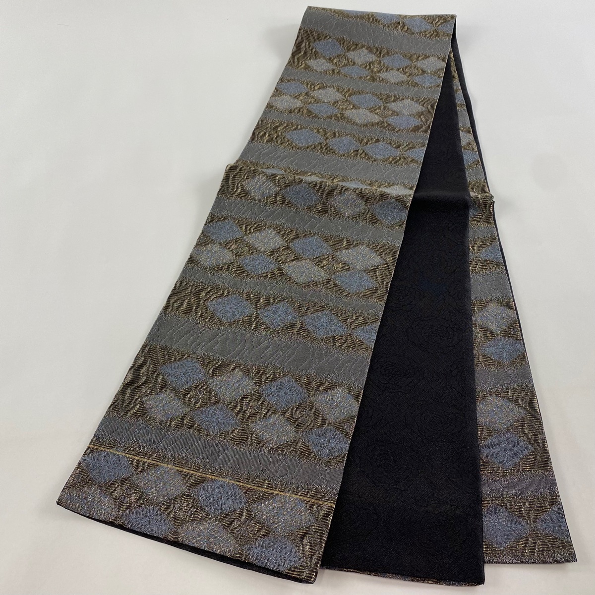  double-woven obi beautiful goods preeminence goods . pine . gold silver thread blue grey all through silk [ used ]