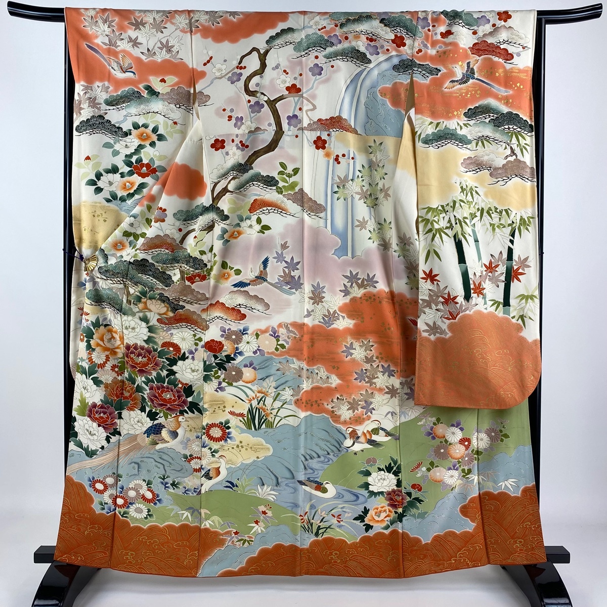 振袖 身丈163cm 裄丈66cm M 袷 松竹梅 鳥 金糸 金彩 クリーム 正絹 秀品 【中古】
