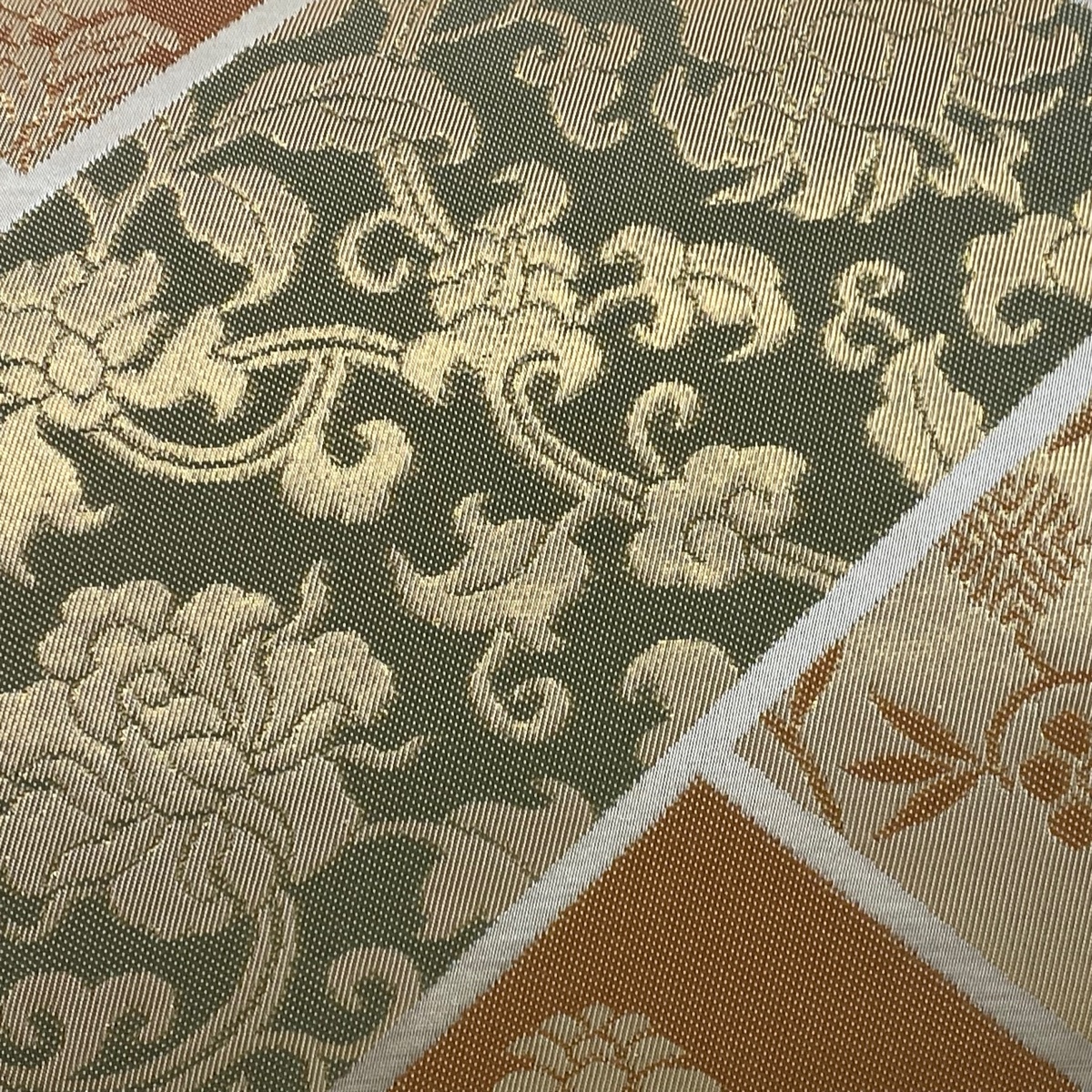 袋帯 美品 逸品 川島織物 落款 花唐草 檜垣文 箔 サーモンピンク 袋帯 美品 逸品 川島織物 落款 花唐草 檜垣文 箔 サーモンピンク