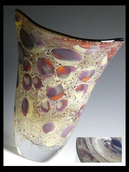 n679 作家物 サイン入り 工芸ガラス 金彩 色付 特大 ガラス花瓶 飾壷 40.8cm