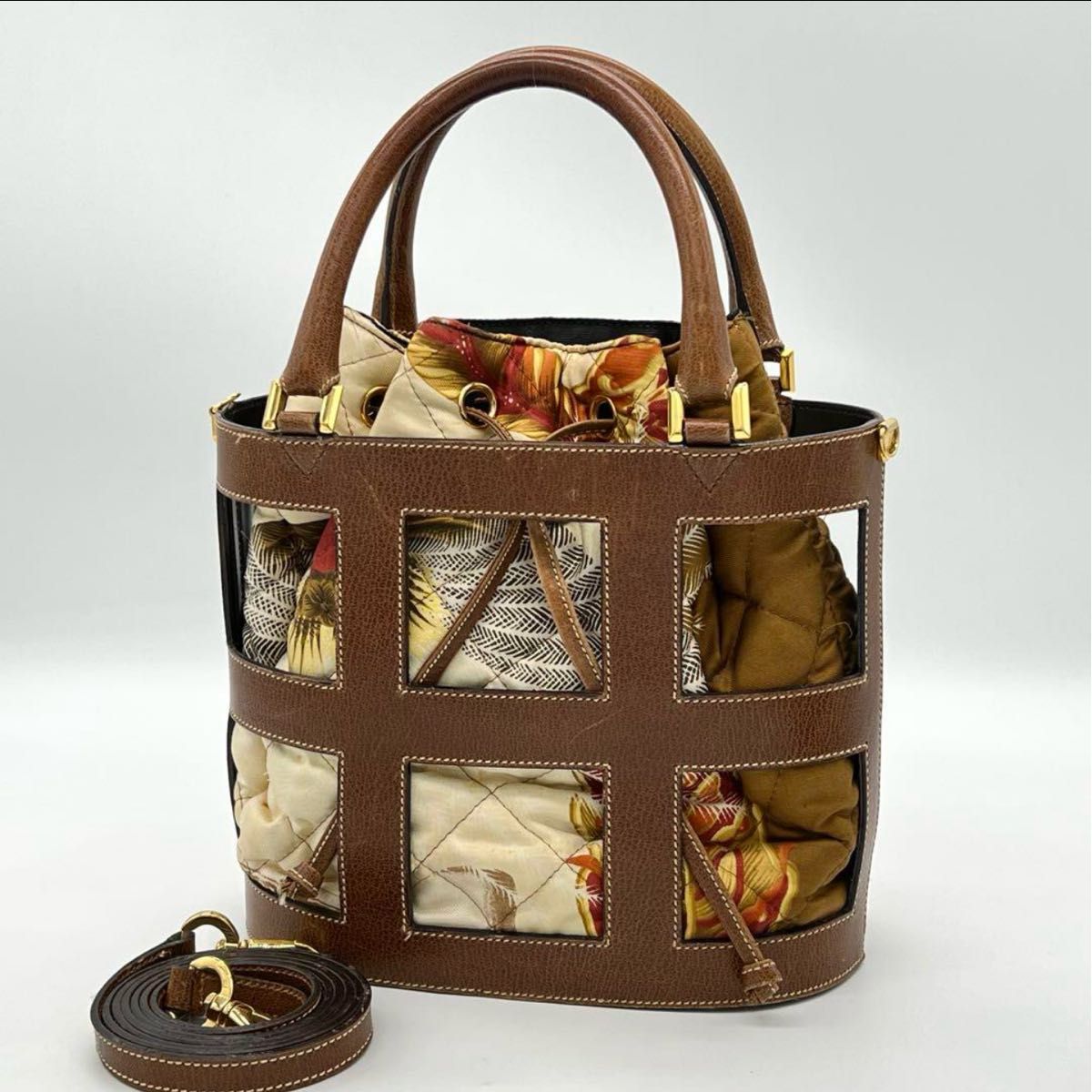 【美品】Salvatore Ferragamo フェラガモ ハンドバッグ キャンバス 2WAY ショルダーバッグ 巾着 ブラウン
