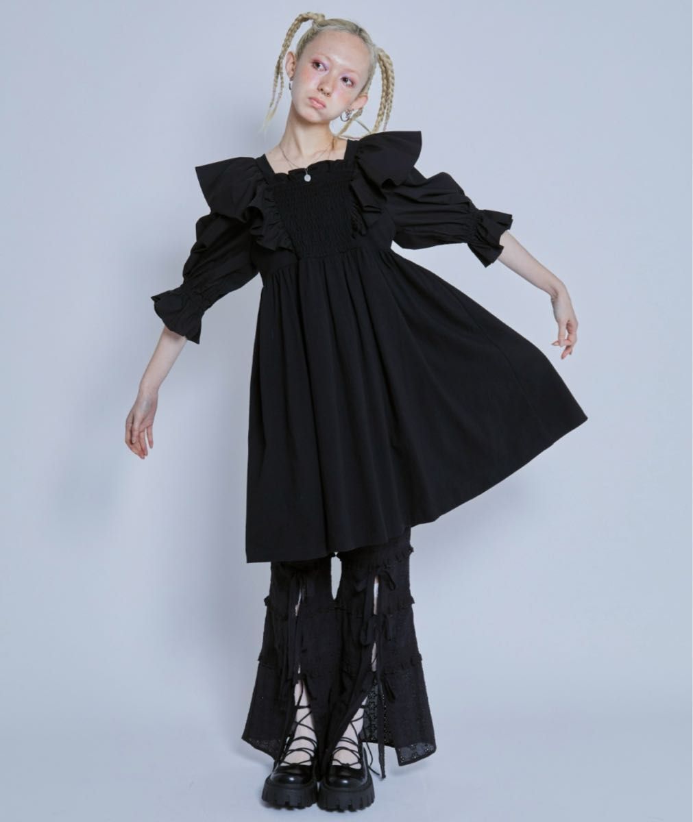 Candy Stripper LITTLE GIRL SHIRRINGワンピース 黒 フリル Candy Stripper LITTLE GIRL SHIRRINGワンピース 黒 フリル