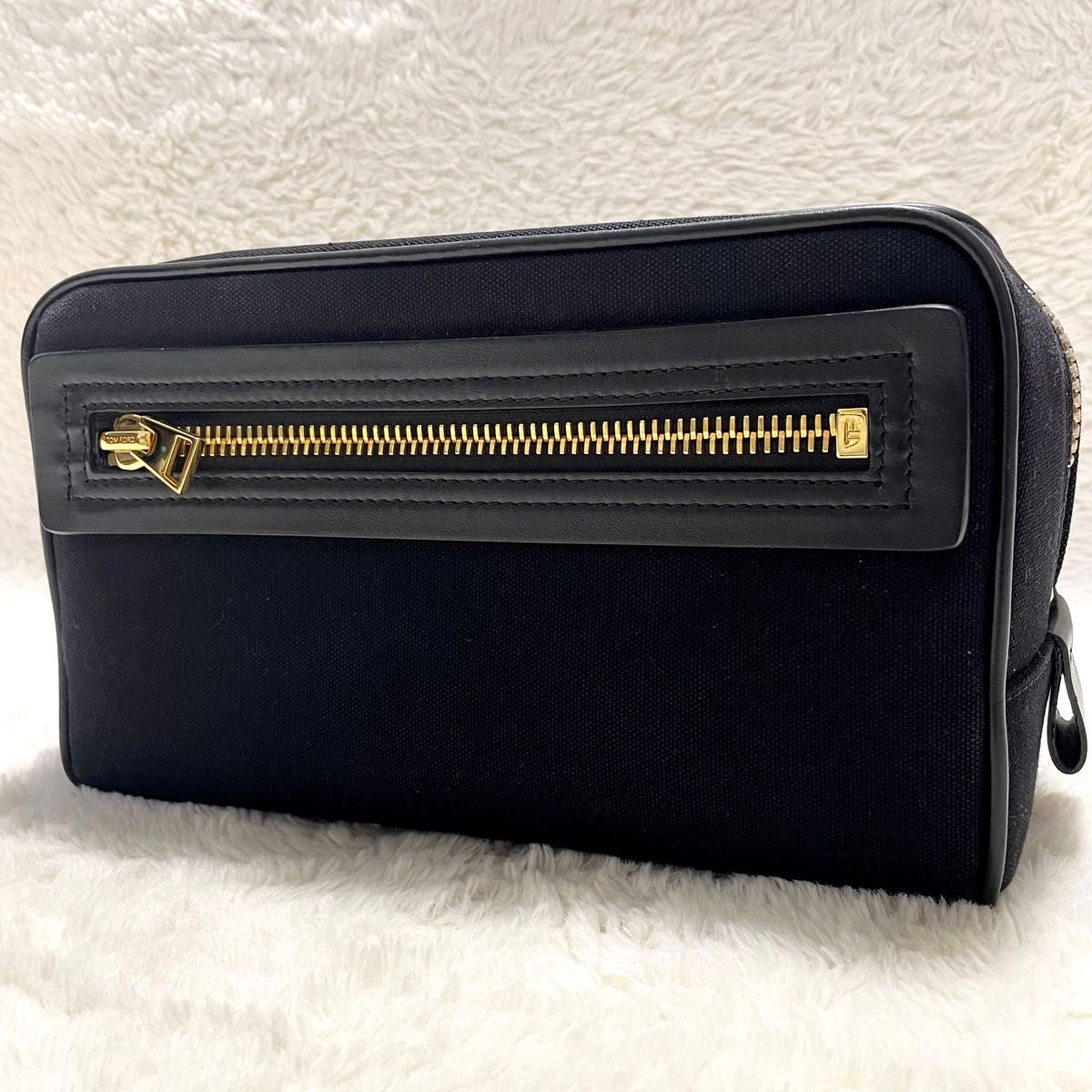 TOM FORD トムフォード ロゴ キャンバス レザー クラッチバッグ