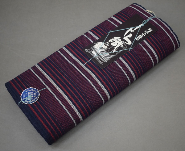 A15-24　即決 新古品 阿波正藍 しじら織 ゆかた反物 紺 エンジ 縞 未仕立て品
