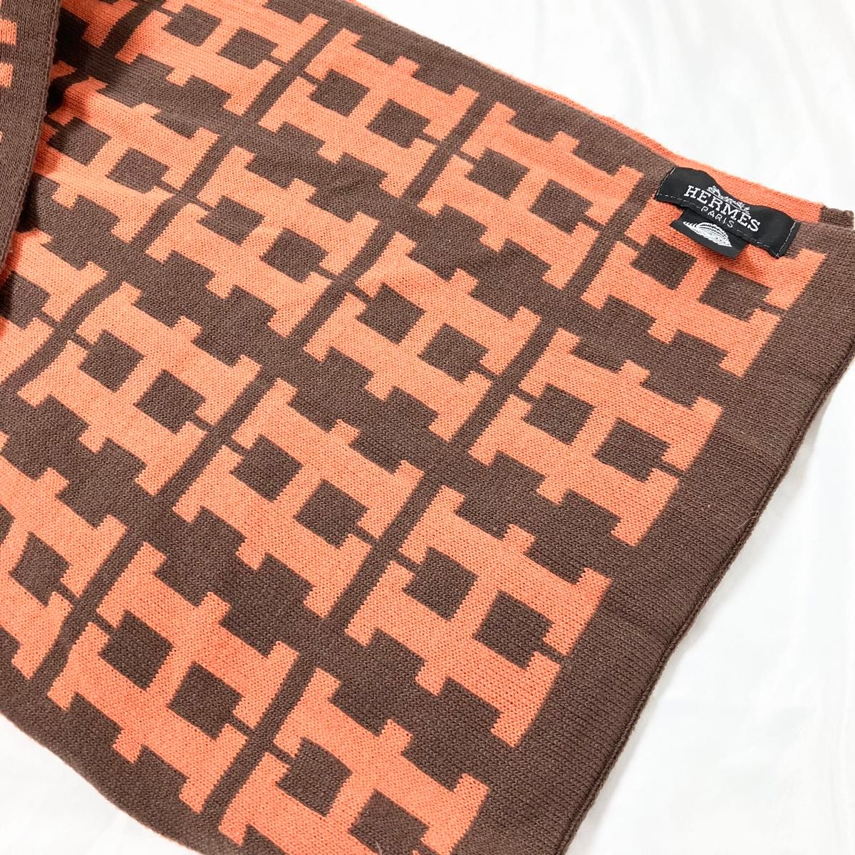 極美品】 HERMES リバーシブル ウール マフラー H柄 オレンジ 極美品】 HERMES リバーシブル ウール マフラー H柄 オレンジ