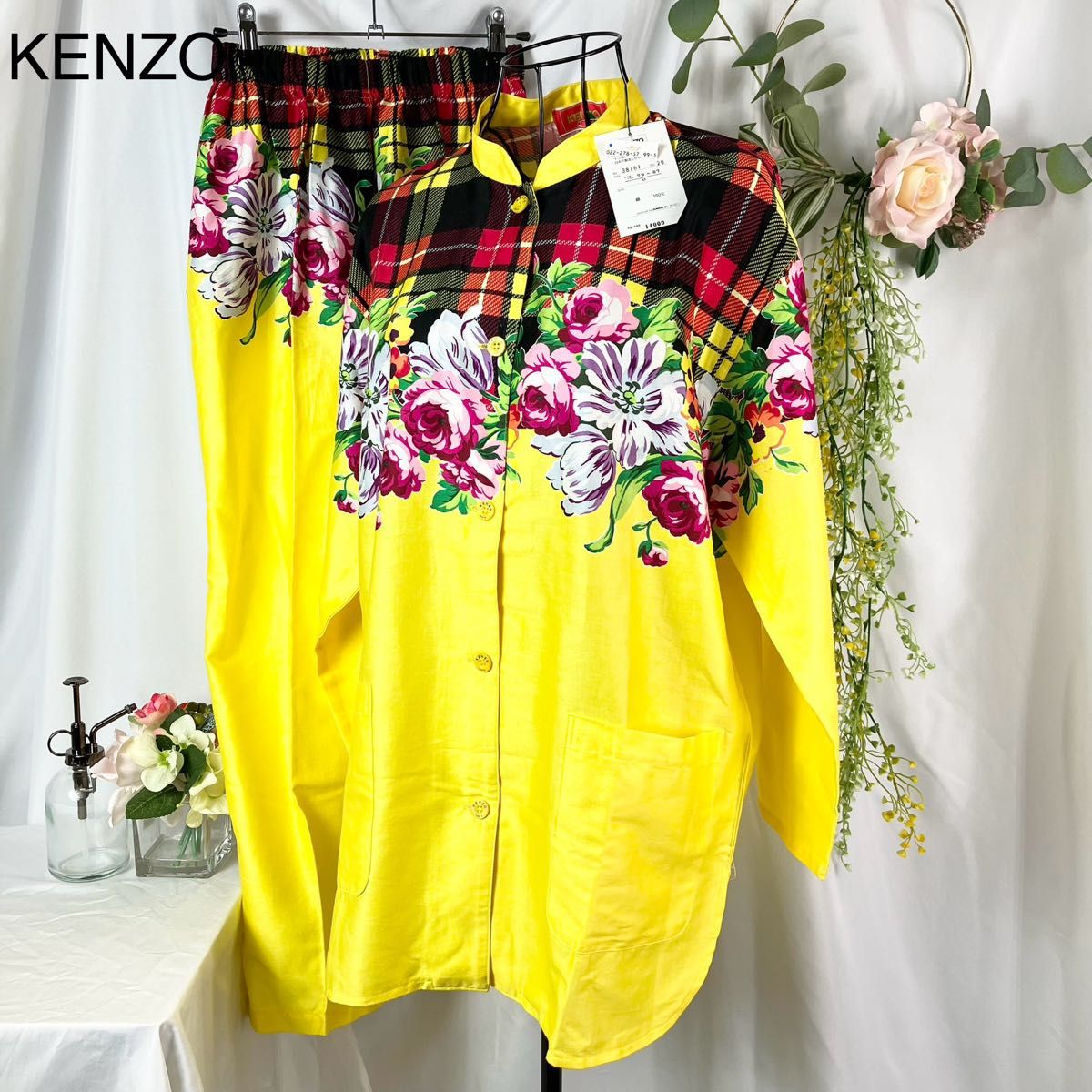未使用】 KENZO シャツ パンツ 花柄 セットアップ チェック M 未使用】 KENZO シャツ パンツ 花柄 セットアップ チェック M