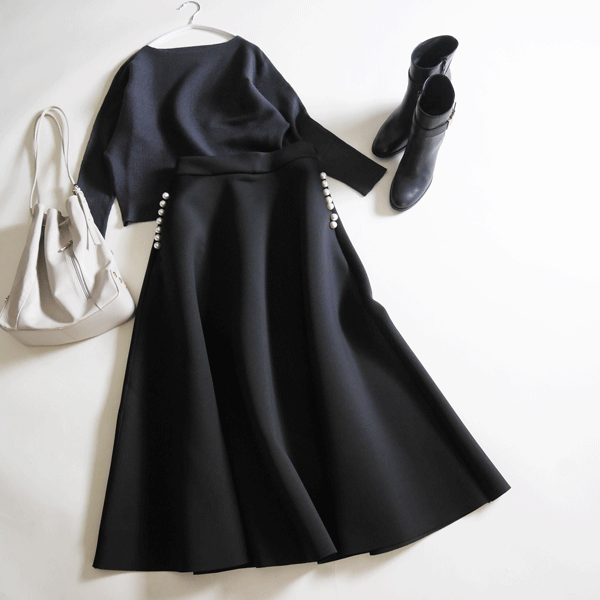 新品■ボンジュールサガンBonjour Sagan■ビッグパールダンボールフレアスカート 黒♪女性らしさ抜群♪しっかり厚手素材♪