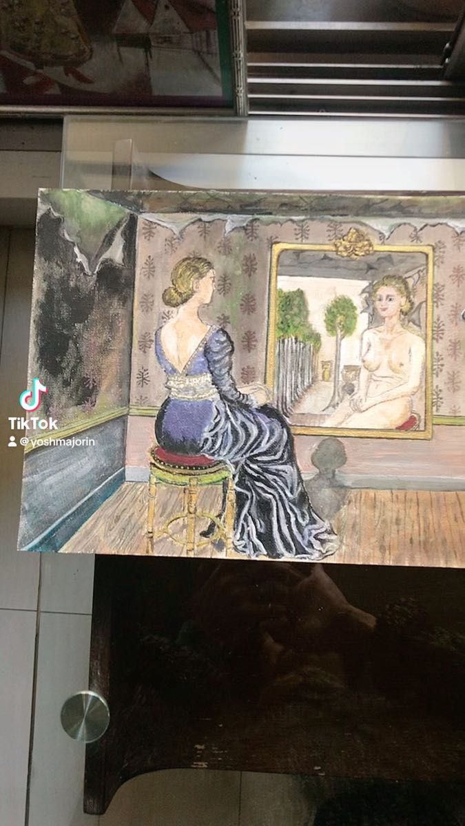 値下中肉筆シャガールタッチのペイント画 “誕生日” 絵画アンティーク額装付